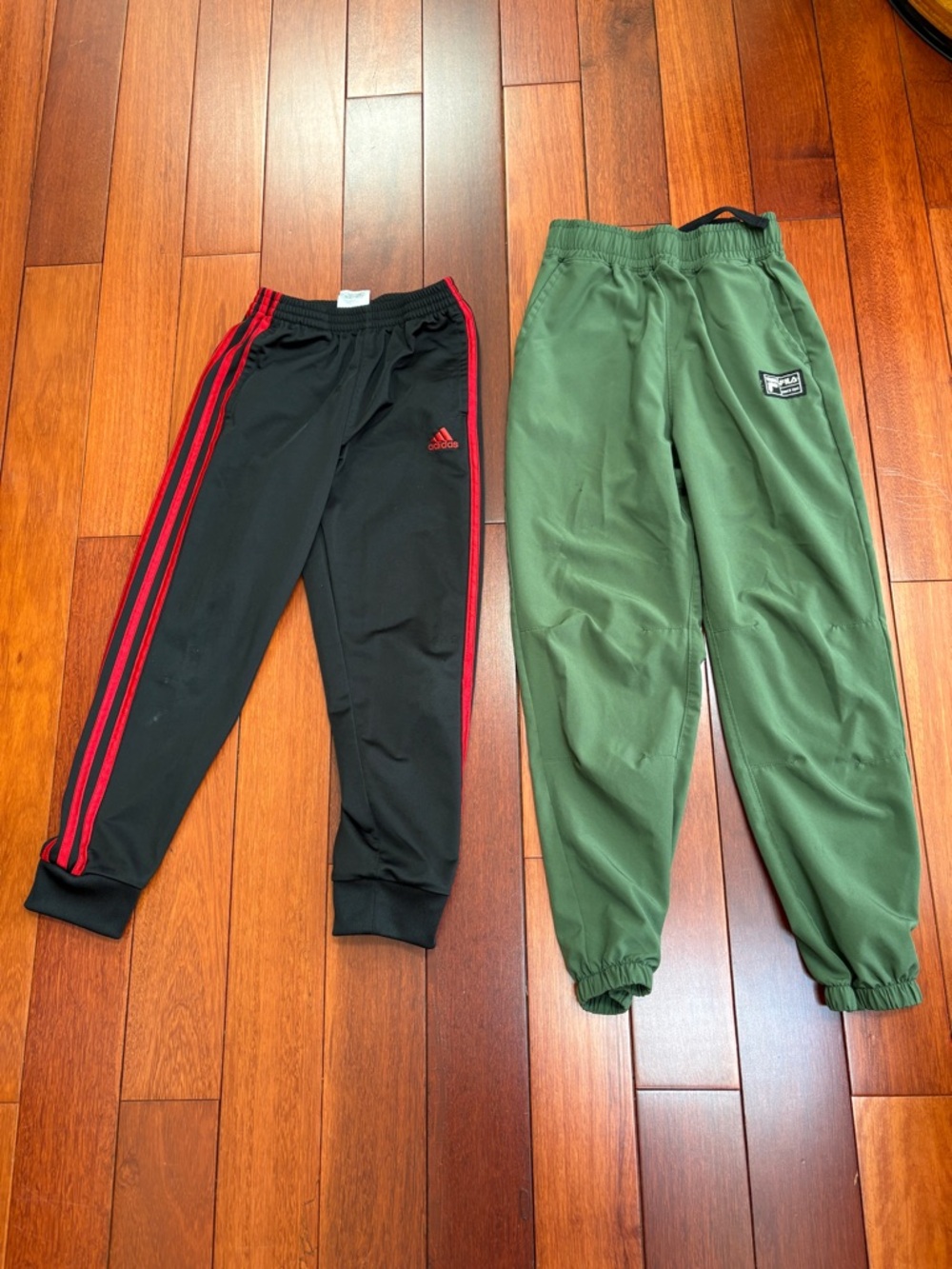 adidas Black Track Pants with Red Stripes and Fila green - boys 7-8
